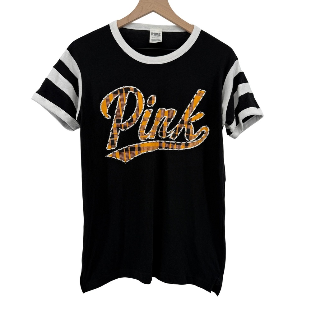 Victoria's Secret PINK Black Plaid Studded Logo Varsity‎ Ringer Tee Women XS Y2K